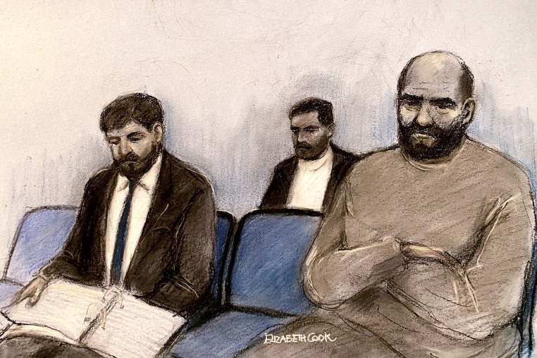 Courtroom sketch of Walid Saadaoui, Bilel Saadaoui and Amar Hussein 