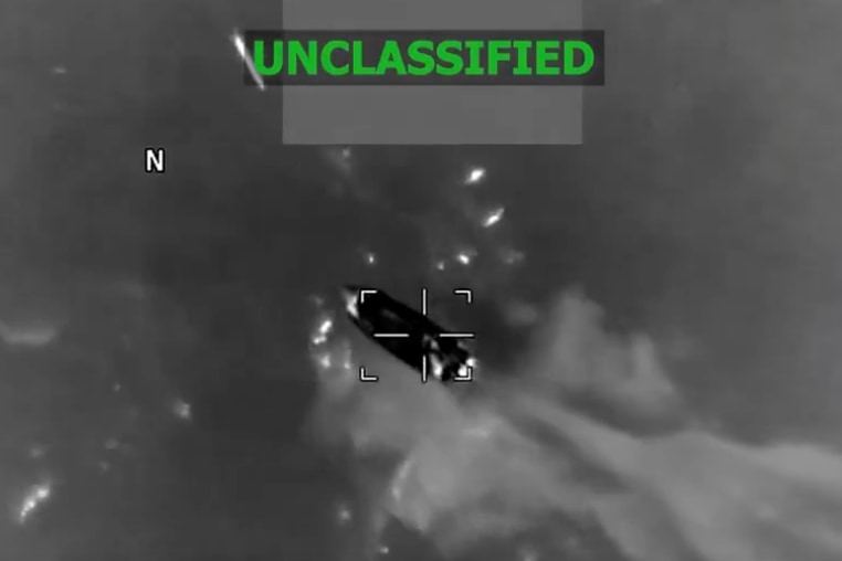 A video still from the X account of U.S Southern Command shows a vessel being struck on Friday.