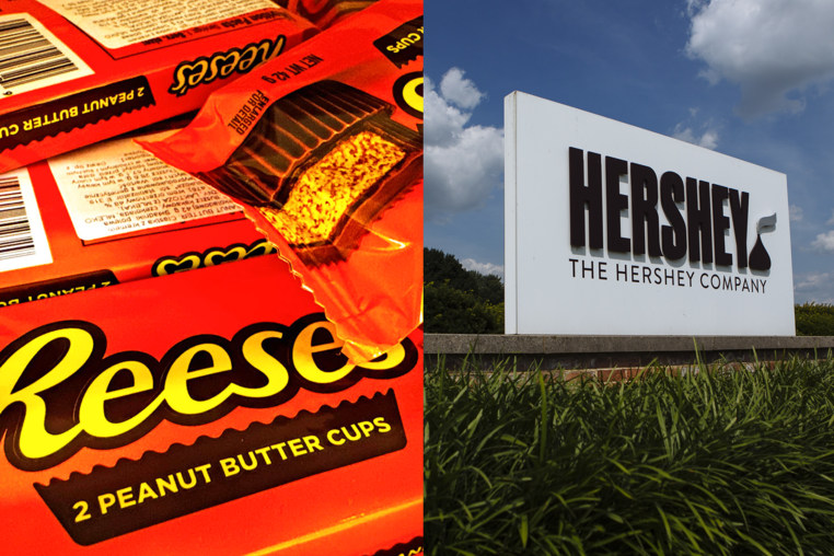 Composite of Reese's Peanut Butter Cups and signage outside of Hershey Co. headquarters