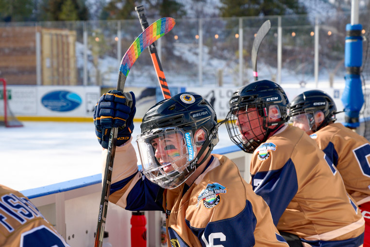 The Coachella valley Pride Hockey team bench as they face off against the Spittin Llamas at this years Frozen Pride Classic tournament, taking place at the Winthrop rink, in Winthrop, Wash. on Feb. 14, 2026.