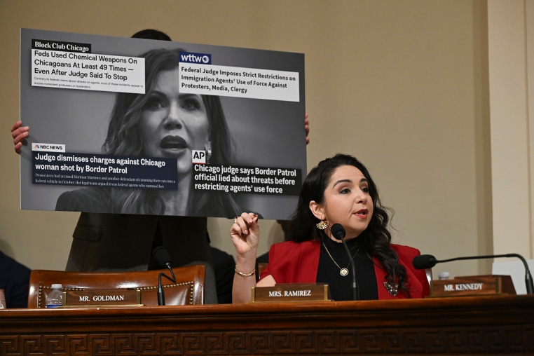 Rep. Delia Ramirez, D-Ill., speaks in front of an image of Homeland Security Secretary Kristi Noem during a hearing on Dec. 11, 2025.