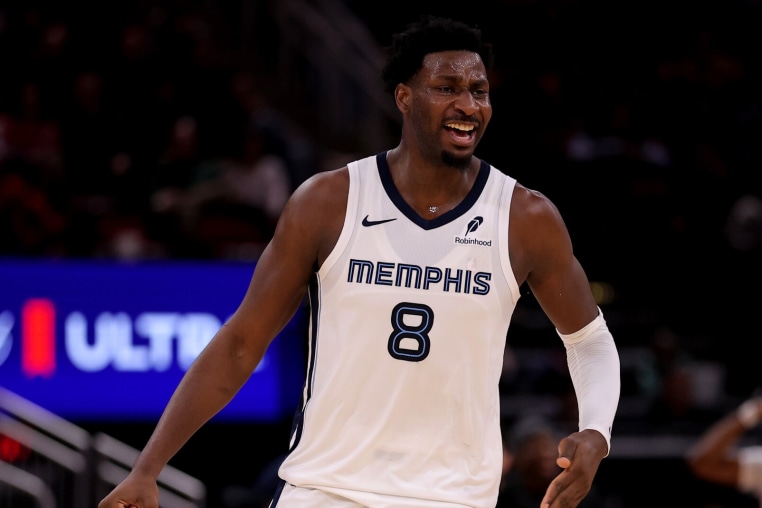 Jan 26, 2026; Houston, Texas, USA; Memphis Grizzlies forward Jaren Jackson Jr. (8) reacts after a made basket against the Houston Rockets during the second quarter at Toyota Center. Mandatory Credit: Erik Williams-Imagn Images