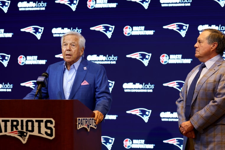 FOXBOROUGH, MASSACHUSETTS - JANUARY 11: Owner Robert Kraft (L) speaks to the media as head coach Bill Belichick (R) of the New England Patriots looks on during a press conference at Gillette Stadium on January 11, 2024 in Foxborough, Massachusetts. Belichick announced he is stepping down as head coach after 24 seasons with the team. (Photo by Maddie Meyer/Getty Images)