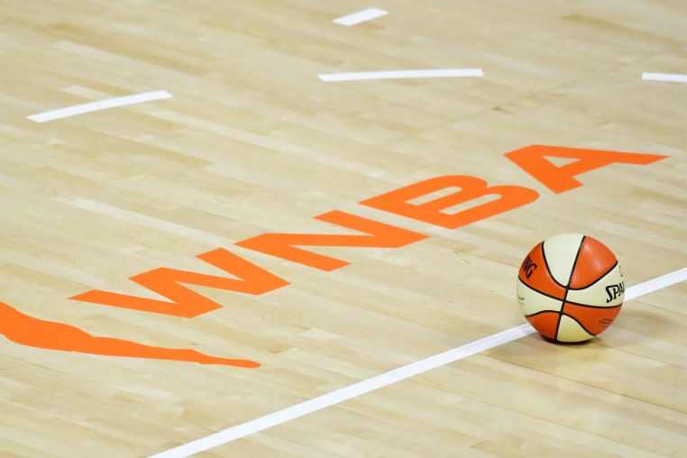 PALMETTO, FLORIDA - AUGUST 29: A basketball sits near the WNBA logo during a timeout of a game between the Las Vegas Aces and the New York Liberty at Feld Entertainment Center on August 29, 2020 in Palmetto, Florida. NOTE TO USER: User expressly acknowledges and agrees that, by downloading and or using this photograph, User is consenting to the terms and conditions of the Getty Images License Agreement. (Photo by Julio Aguilar/Getty Images)