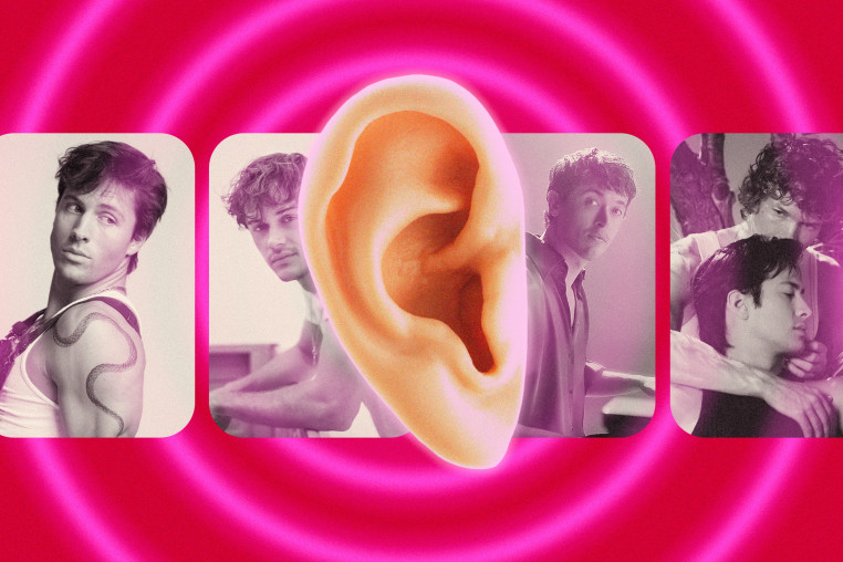 Rob Rausch, Christopher Briney, Tom Blyth and Hudson Williams and Connor Storrie with a large ear and audio waves surrounding them