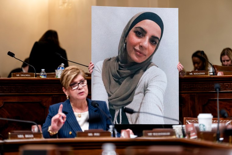 Rep. Nellie Pou, D-N.J., speaks as an aide holds a photo of Leqaa Kordia during a House Homeland Security Committee hearing on Feb. 10, 2026. 