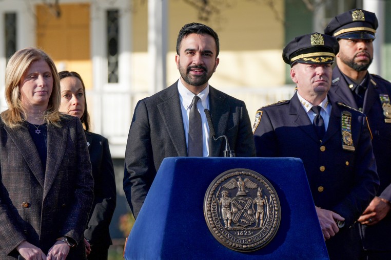 Zohran Mamdani speaks at a presser outside