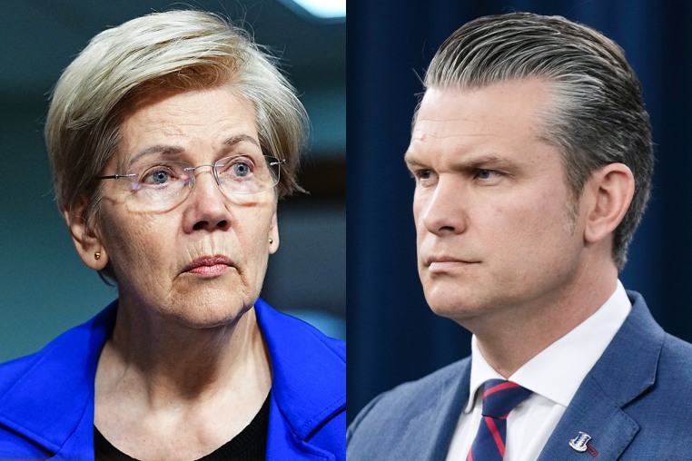 A split composite image of Elizabeth Warren, left, and Pete Hegseth
