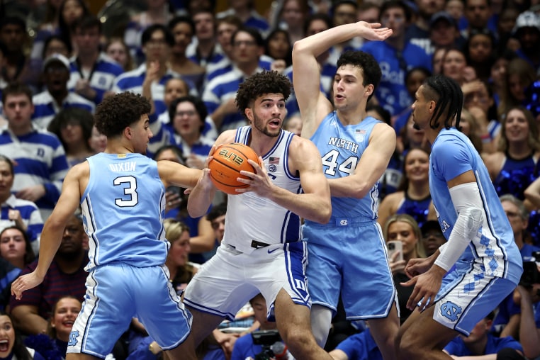 Duke's Cameron Boozer posts up against the North Carolina Tar Heels during the first half of the game at Cameron Indoor Stadium on March 07, 2026.