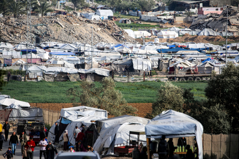 Tents sheltering Palestinians displaced by conflict are pictured in Nuseirat in the central Gaza Strip on March 11.