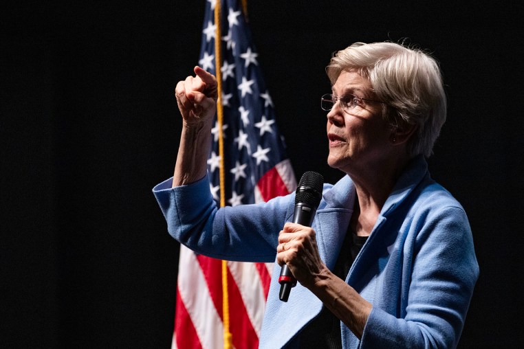 Sen. Elizabeth Warren, D-Mass., speaks at a town hall in Lowell, Mass., on March 18, 2025.
