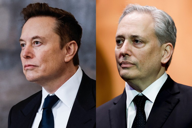 A split composite image of Elon Musk, left, and David Sacks