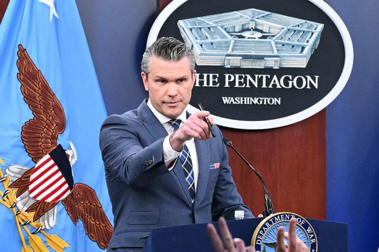 Secretary of Defense Pete Hegseth takes questions at the Pentagon on March 19, 2026. 
