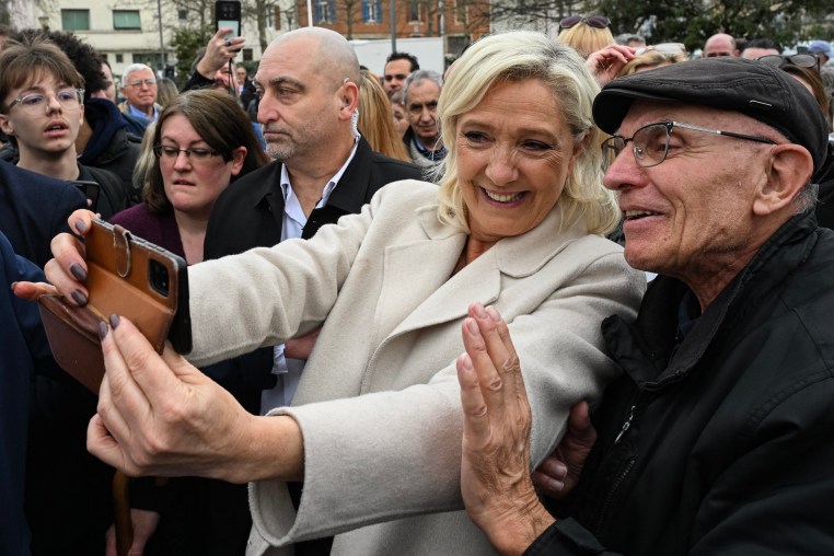 President of the far-right Rassemblement National (RN) parliamentary group Marine Le Pen campaigns in Bourg-Saint-Andeol on March 6.