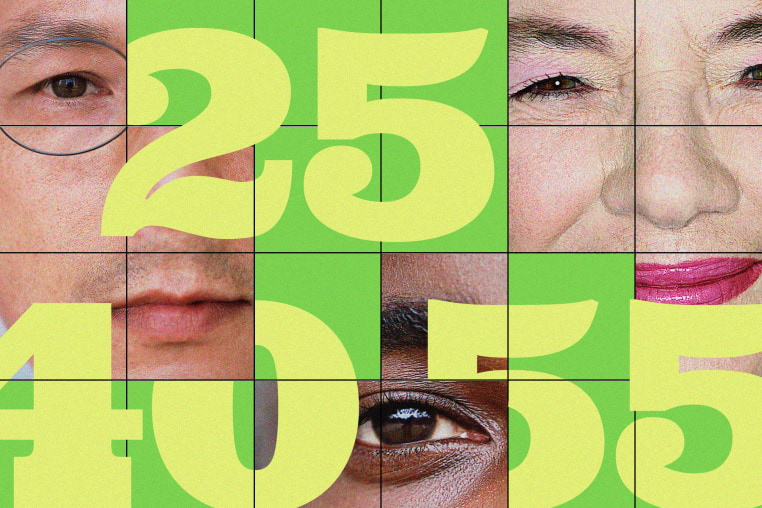 A grid of faces, young and old, with large numbers: 25, 40 and 55.