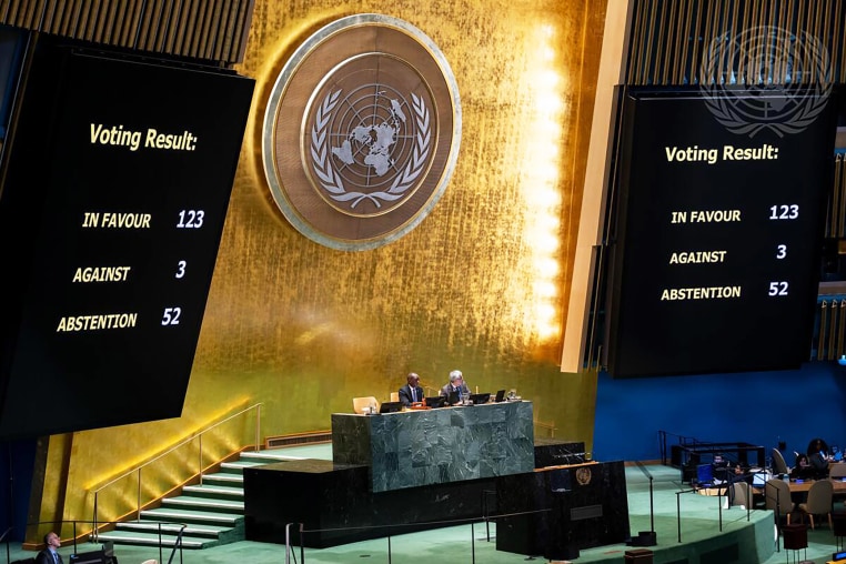 A view of the General Assembly Hall following the vote on Resolution A/80/L.48, Agenda Item 119, declaring the Trafficking of Enslaved Africans and the Racialised Chattel Enslavement of Africans as the Gravest Crime Against Humanity. The resolution passed with 123 in favor, 3 against, and 52 abstentions.
