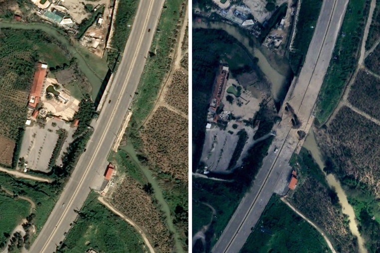 Satellite imagery of Qasmiyeh Highway Bridge, pictured left on March 17, and on Tuesday, right, following an Israeli airstrike.