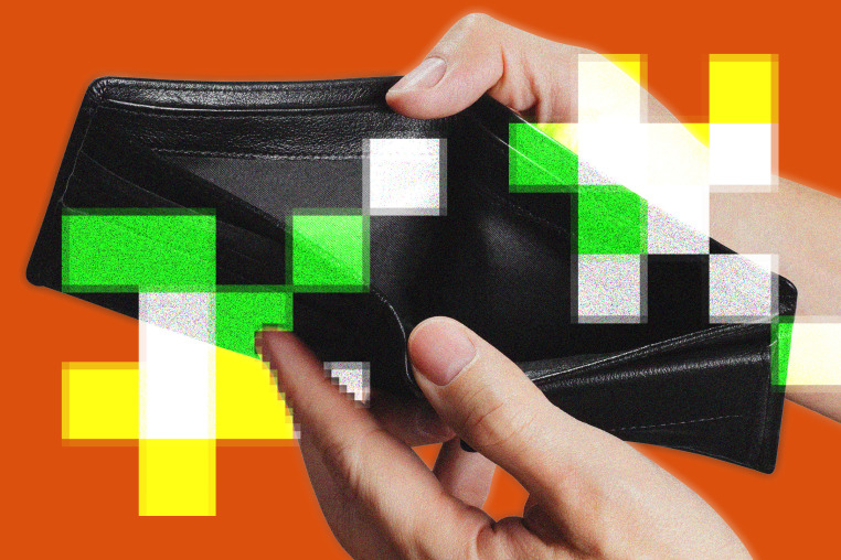 Illustration of a person holding open an empty wallet with digital pixels and glitches