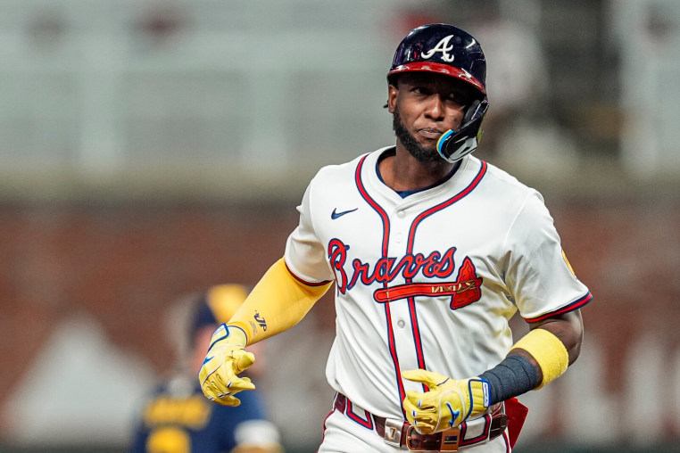 Aug 6, 2025; Cumberland, Georgia, USA; Atlanta Braves outfielder Jurickson Profar (7) runs after hitting a home run against the Milwaukee Brewers during the sixth inning at Truist Park. Mandatory Credit: Dale Zanine-Imagn Images