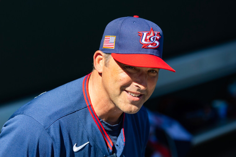 Mar 3, 2026; Scottsdale, AZ, USA; Team USA manager Mark DeRosa against the San Francisco Giants during a spring training game at Scottsdale Stadium. Mandatory Credit: Mark J. Rebilas-Imagn Images