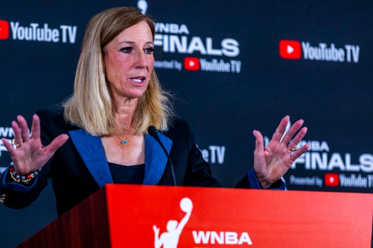 WNBA commissioner Cathy Engelbert speaks to the media before Game 1 of the WNBA Finals series with the Las Vegas Aces facing the Phoenix Mercury in the Michelob Ultra Arena at Mandalay Bay on Friday, Oct. 3, 2025, in Las Vegas. (L.E. Baskow/Las Vegas Review-Journal/Tribune News Service via Getty Images)