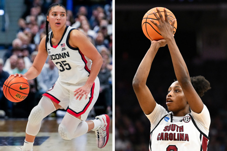 A diptych image with NCAA women's basketball athletes Azzi Fudd and Joyce Edwards.