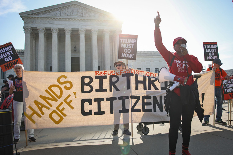 Demonstrators protest outside the Supreme Court before justices hear oral arguments in Trump v. Barbara, a case about birthright citizenship, in Washington, on April 1, 2026. 
