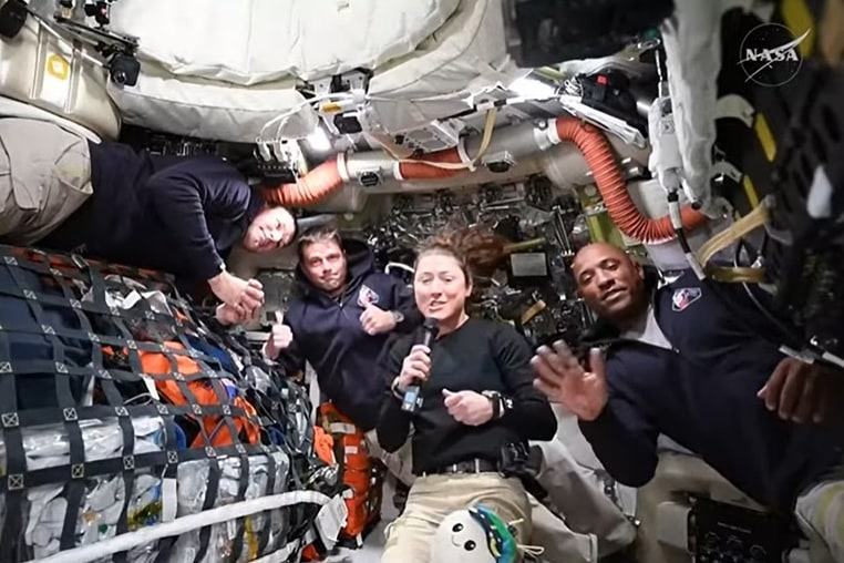 Artemis II crew members Jeremy Hansen, Reid Wiseman, Christina Koch, and Victor Glover answer questions from reporters during the first downlink event of their mission. April 2, 2026.