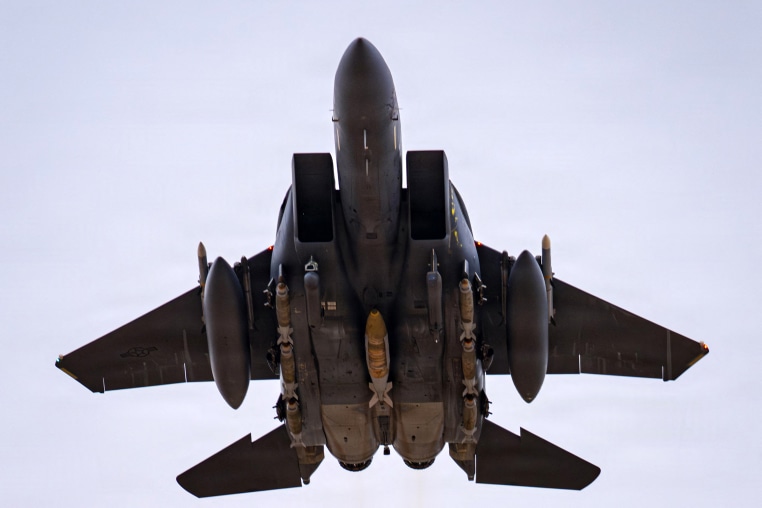 A U.S. Air Force F-15E Strike Eagle aircraft takes off for a mission during Operation Epic Fury on March 14.