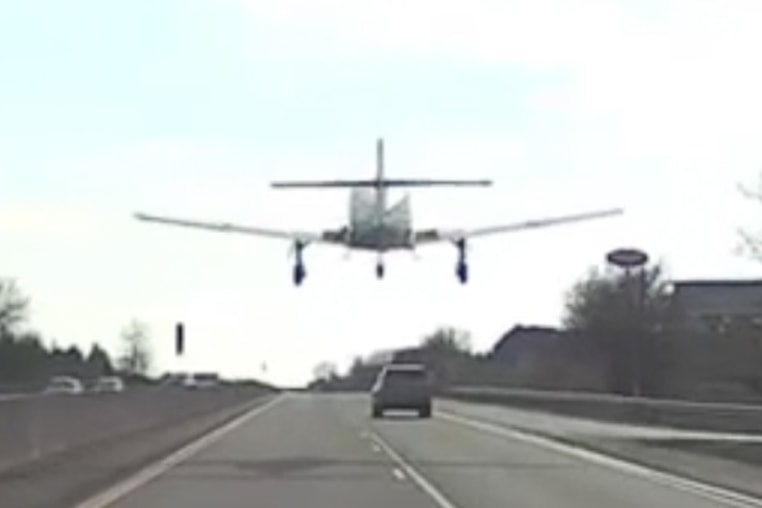 Dashcam footage shows a small plane makes emergency landing on interstate in Lehigh County, Pennsylvania.