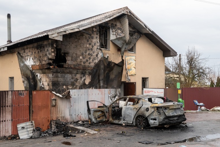 A damaged veterinary clinic building following an air attack in Chabany, Kyiv region, amid the Russian invasion of Ukraine. Ukraine on April 3.