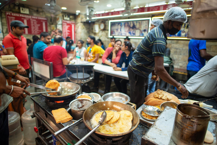 Old,Delhi,,India-oct,7,2023:,Crowded,Famous,Paratha,Shop,At