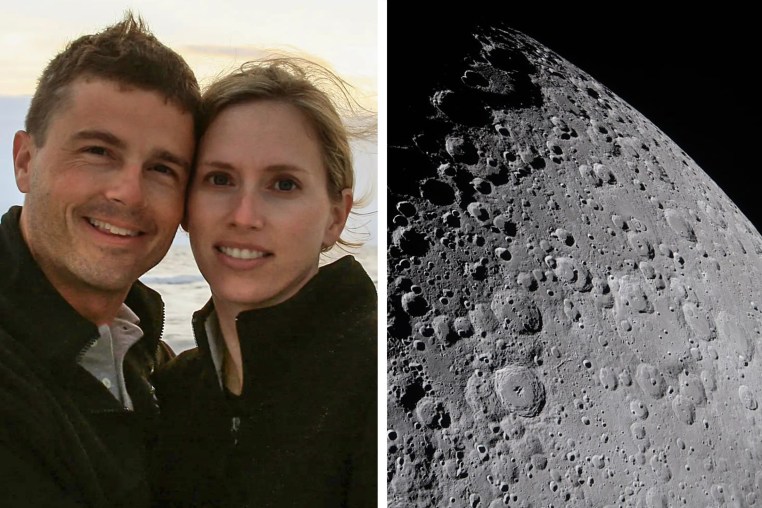 NASA astronaut Reid Wiseman is with his late wife Carroll Taylor Wiseman alongside a portion of the Moon coming into view along the terminator, the boundary between lunar day and night where low-angle sunlight casts long, dramatic shadows across the surface, as seen from the Orion spacecraft on April 6, 2026.