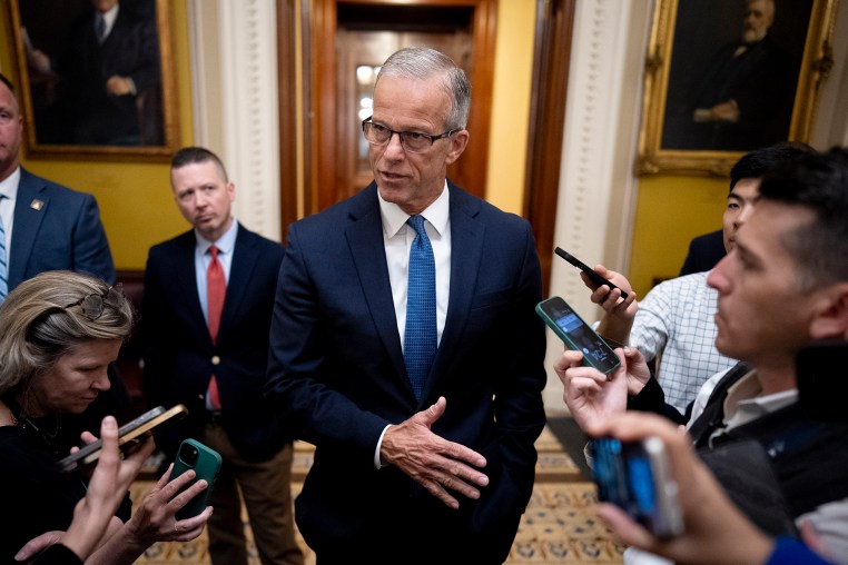 Senate Majority Leader John Thune (R-SD) speaks to members of the media outside the Senate Chamber.