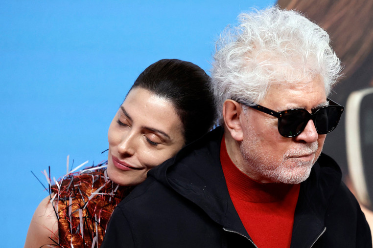 Spanish actress Barbara Lennie leans on Spanish film director Pedro Almodovar at an event for photocall for "Bitter Christmas" in Madrid on March 19, 2026.