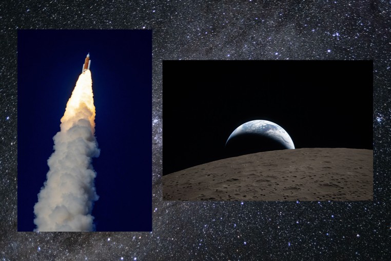 Images of the Artemis mission to the moon, including the rocket launching and Earth, partially in shadow, with the moon in the foreground framing it.