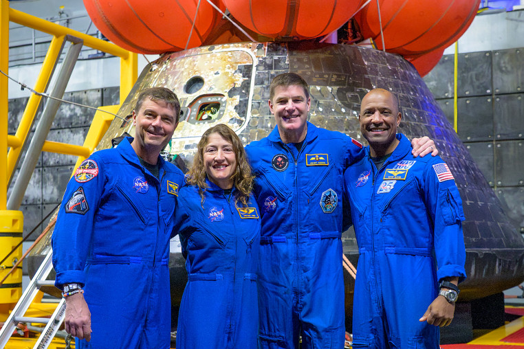 NASA astronauts Reid Wiseman, commander; left, Christina Koch, mission specialist; CSA (Canadian Space Agency) astronaut Jeremy Hansen, mission specialist; and NASA astronaut Victor Glover.