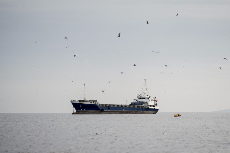 A large vessel surrounded by seagulls on the open water.