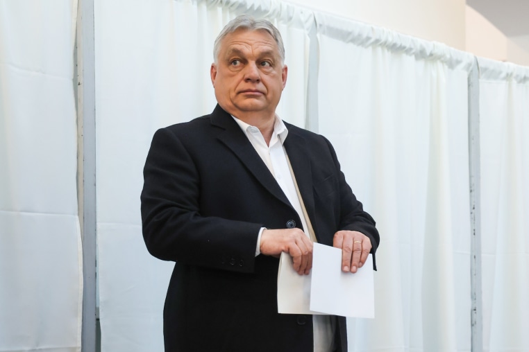 Viktor Orban stands and holds a ballot
