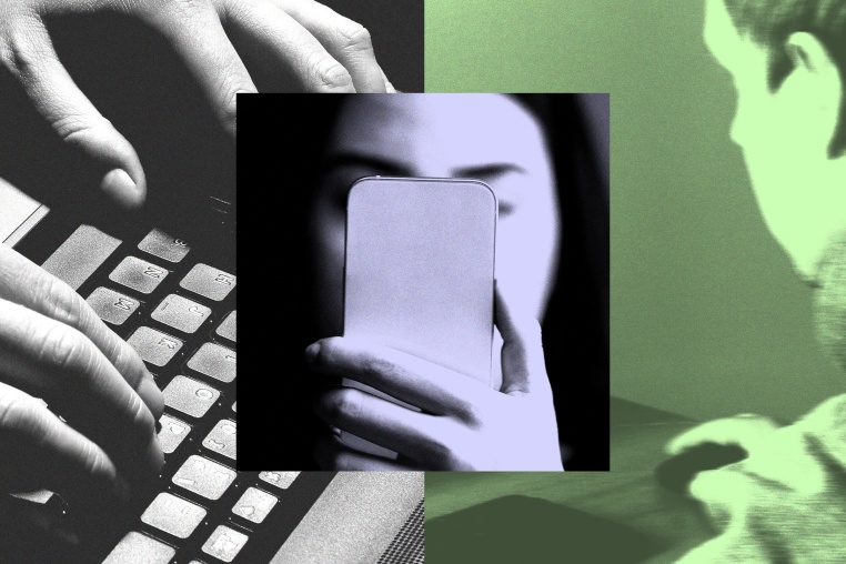 Photo collage of various teenagers on smartphones and computers 