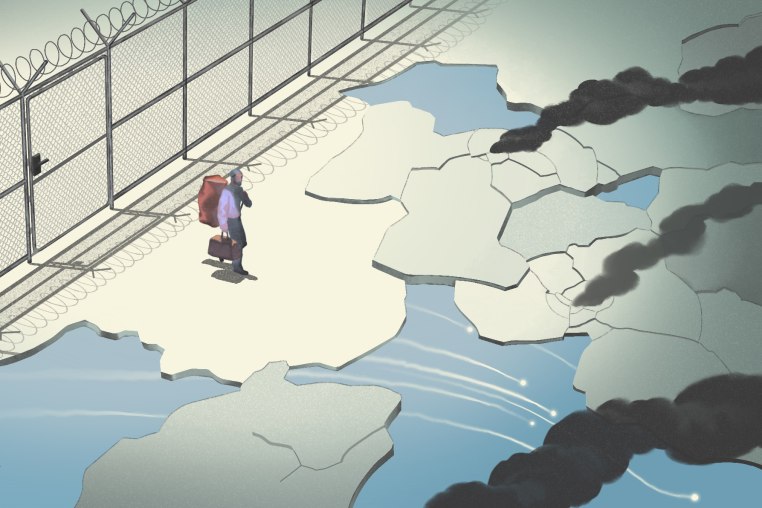 Drawn illustration of an Iranian being released from detention with a metal, barbed wire fence behind him, and walking over broken and smoking ground.