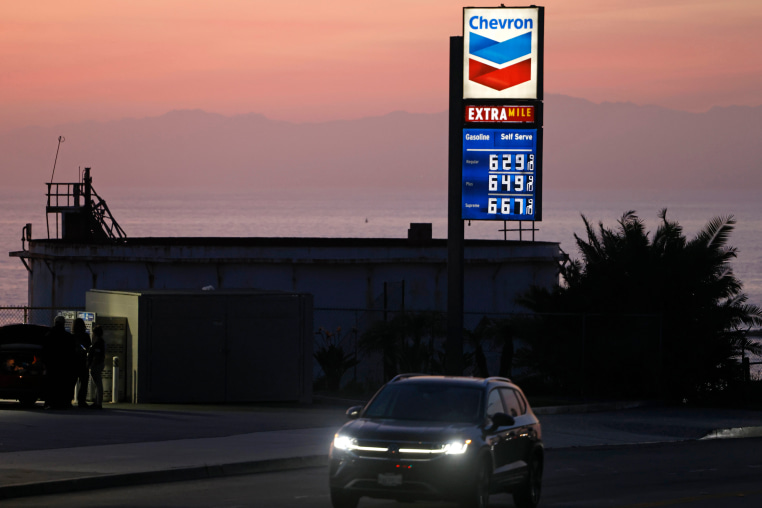 Gas prices are displayed at a station on April 8, 2026 in El Segundo, Calif.