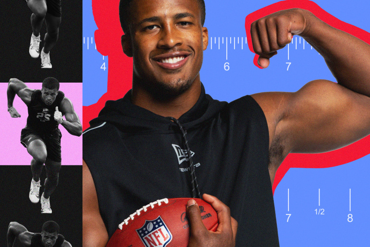 Photo illustration of Sonny Styles holding a football, flexing his arm muscle, and running during training.