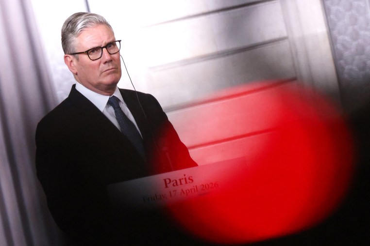 Britain's Prime Minister Keir Starmer speaks during a joint press conference following an international summit on efforts to reopen the Strait of Hormuz at the Elysee Presidential Palace in Paris on April 17.