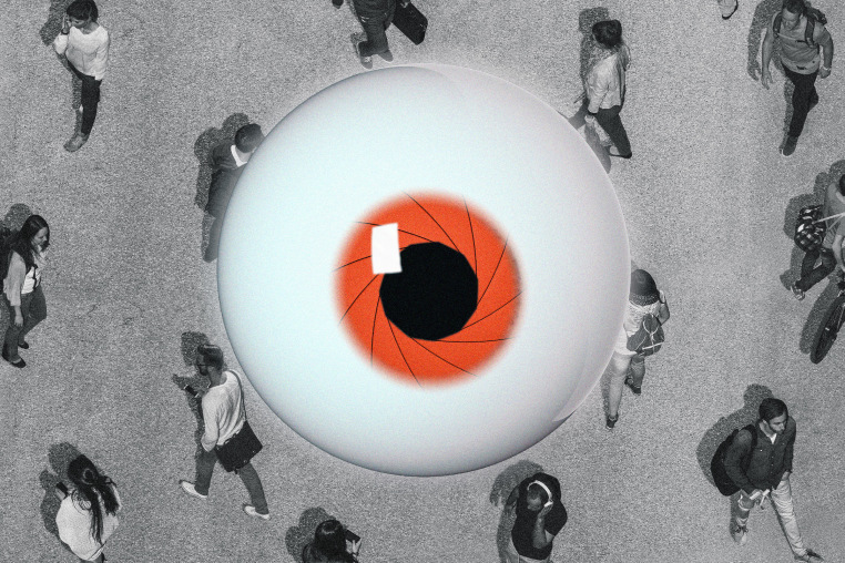 Illustration of an aerial of people walking on a street while a hyper-realistic eyeball with a camera-shutter iris watches over them.