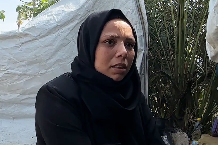 Ezyia Abu Haya, a 34 year old mother of six, at a displacement camp in Khan Younis, southern Gaza on April 20, 2026. 