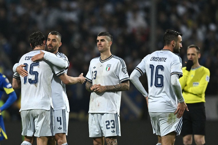 Italy's players react during their loss to Bosnia in a World Cup qualifier against Bosnia on March 31, 2026.