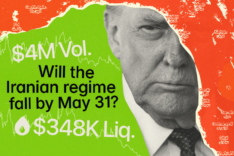 Photo illustration showing Donald Trump, a map of the Strait of Hormuz, "Will the Iranian regime fall by May 31?" text from a Polymarket bet.