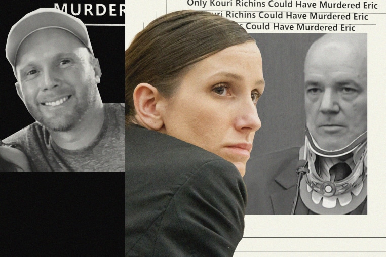 Illustration of Eric Richins, Kouri Richins, and private investigator Todd Gabler in court.