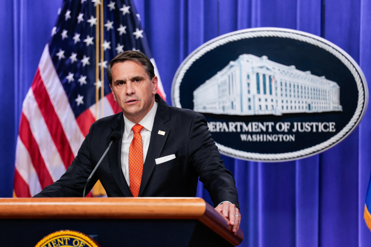 US Acting Attorney General Todd Blanche speaks during a news conference.